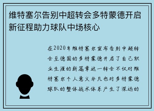 维特塞尔告别中超转会多特蒙德开启新征程助力球队中场核心